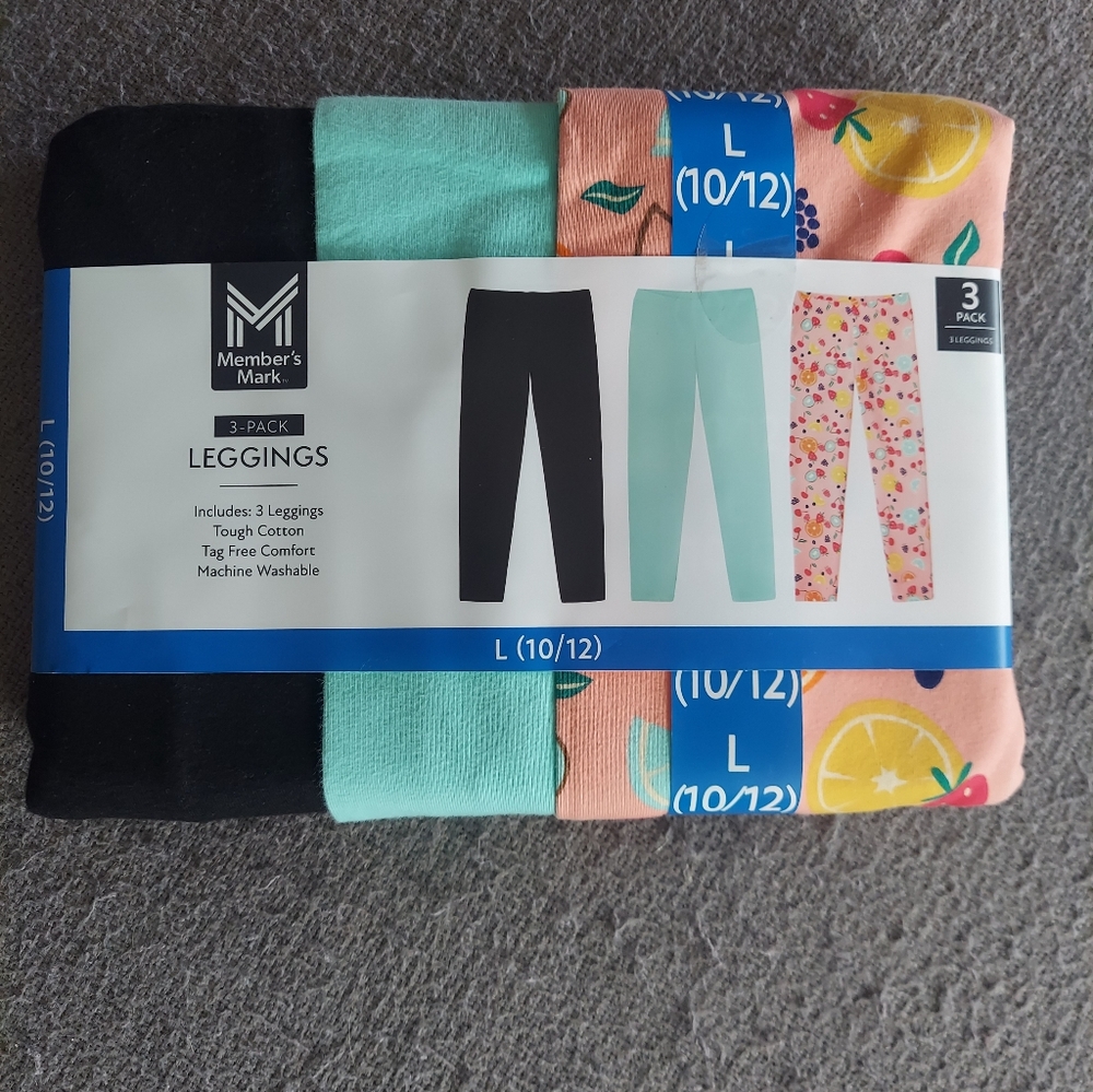 Member's Mark Kids Leggings 3-Pack - Black, Mint, and Multicolor